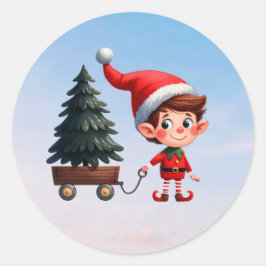 Ein niedlicher Weihnachtself, der einen Wagen mit  Runder Aufkleber