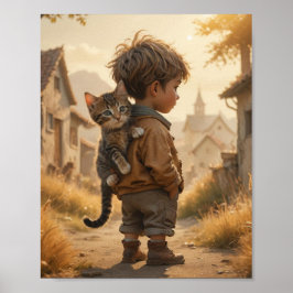Ein niedliches Kind und sein Kätzchen Poster