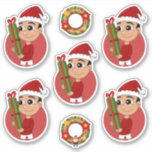 Ein niedliches Kleinkind, das ein Weihnachtsgesche Aufkleber<br><div class="desc">Set von sieben Vinyl-Aufklebern mit einer Illustration eines niedlichen glücklichen Hispanic/Latino oder asiatischen Kleinkind,  trägt er einen rot-weißen Weihnachtshut und hält ein Weihnachtsgeschenk</div>