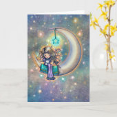 Ein Niedliches Nachtmädchen mit Kitty on Moon Karte (Gelbe Blume)