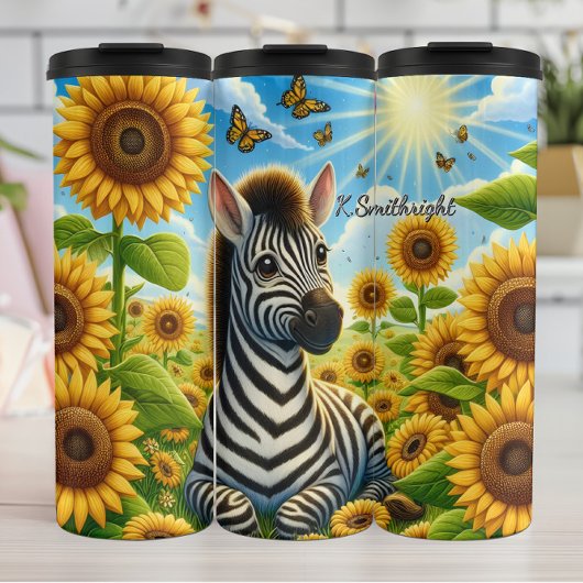 Ein Niedliches Zebra auf einem Sonnenblumenfeld Thermosbecher