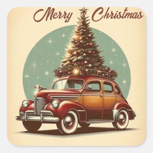 Ein Oldtimer und ein Weihnachtsbaumsticker Quadratischer Aufkleber (Vorderseite)