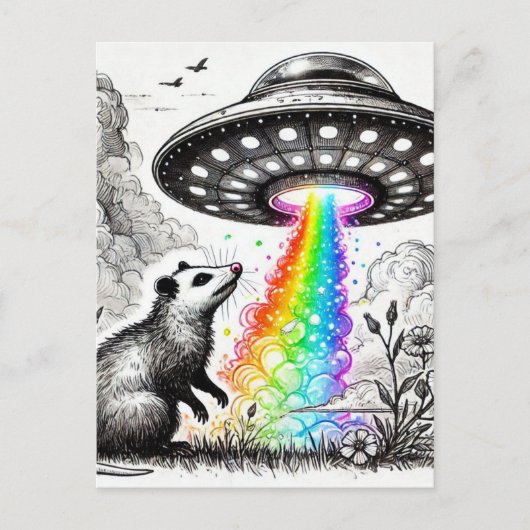Ein Opossum mit ein paar Vögeln und einem UFO Postkarte (Vorderseite)
