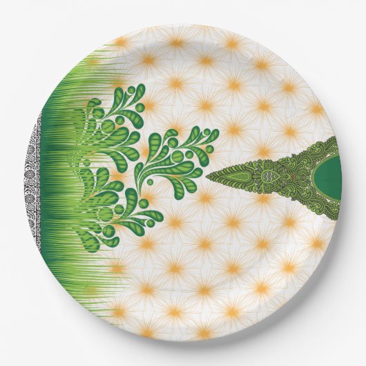 Ein optisch ansprechendes grün-goldenes Muster mit Pappteller (Vorderseite)