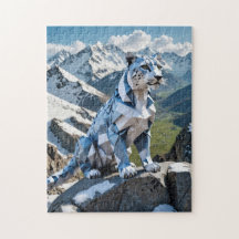 Ein Origami-Schneeleopard in den Bergen