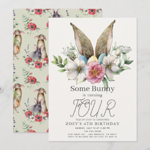 Ein paar Bunny Ear Floral Girl Geburtstag Einladun Einladung