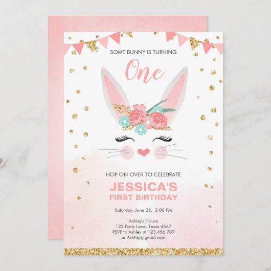 Ein paar Bunny Oaster Floral Pink Girl Geburtstag Einladung (Vorne/Hinten)