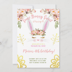 Ein paar Bunny Sweet Gold Floral Kaninchen Gesicht Einladung