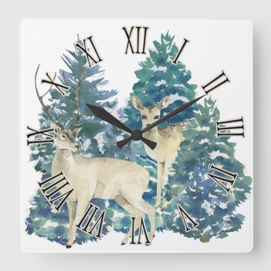Ein Paar Hirsche im Winterwald Quadratische Wanduhr (Vorderseite)