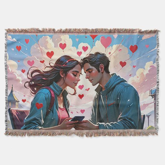 Ein Paar in Liebe mit fliegenden Herzen - Throw Bl Decke (Vorderseite)