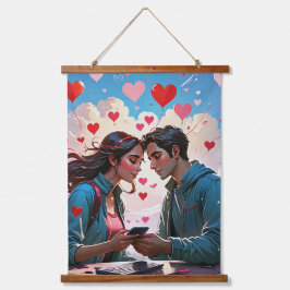 Ein Paar in Liebe mit fliegenden Herzen - Wandtape Wandteppich Mit Holzrahmen