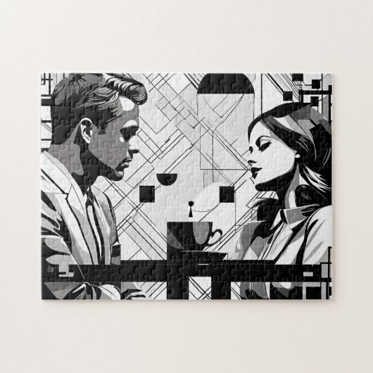 Ein Paar Intrigen im Black and White Modern Café Puzzle (Horizontal)