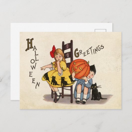 Ein paar Kinder mit geschnitztem Kürbis, Halloween Postkarte (Vorne/Hinten)