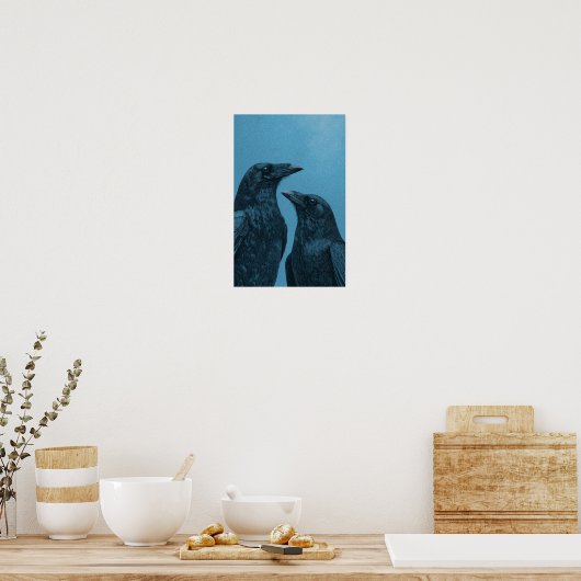 Ein Paar Krähen auf blauem Hintergrund Poster (Küche)