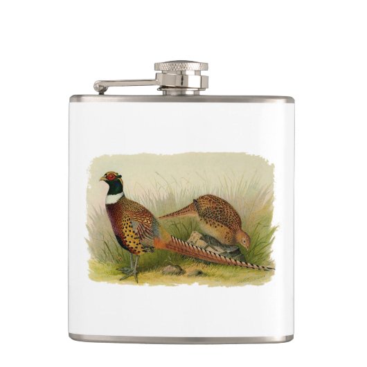 Ein Paar Ring mit halshaltigem Fasan in einem Gras Flachmann (Vorderseite)