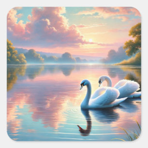 Ein Paar Schwäne, die auf einem ruhigen See gleite Quadratischer Aufkleber