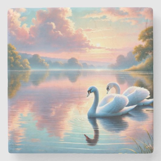 Ein Paar Schwäne, die auf einem ruhigen See gleite Steinuntersetzer (Vorderseite)