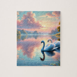Ein Paar Schwäne gleitet auf einem ruhigen See Puzzle