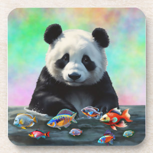 Ein Panda schaut neugierig auf schwimmende bunte F Getränkeuntersetzer