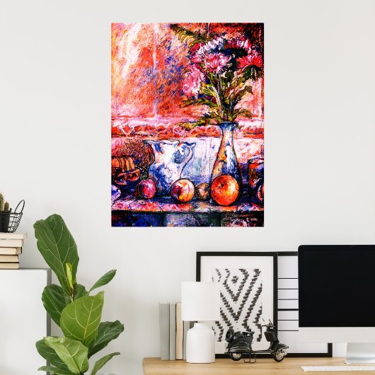 Ein pastellfarbenes Stillleben mit Früchten und Bl Poster (Heimbüro)