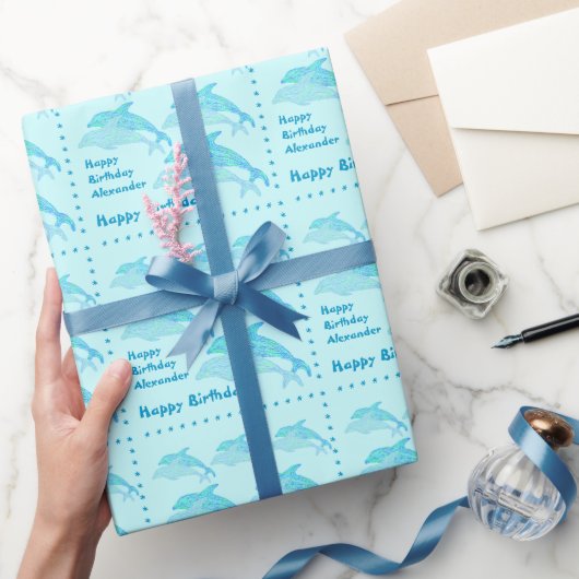 Ein Personalisierter Spaß Blue Dolphins zum Geburt Geschenkpapier (Schenken)