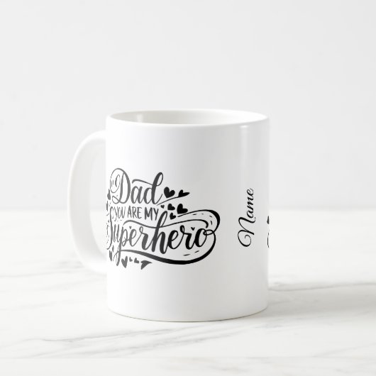 Ein personalisiertes, du bist meine Helden-Vater-T Kaffeetasse (Vorderseite Links)