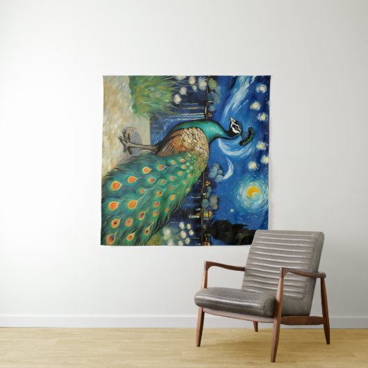 Ein Pfau in der frühen Nacht Wandteppich (Beispiel (Horizontal))