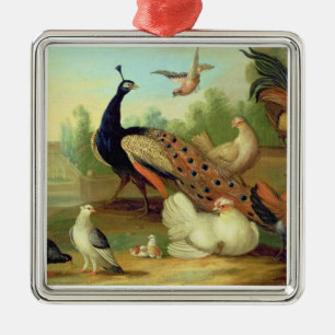 Ein Pfau, Tauben, Hühner und ein Jay in einem Par Silbernes Ornament