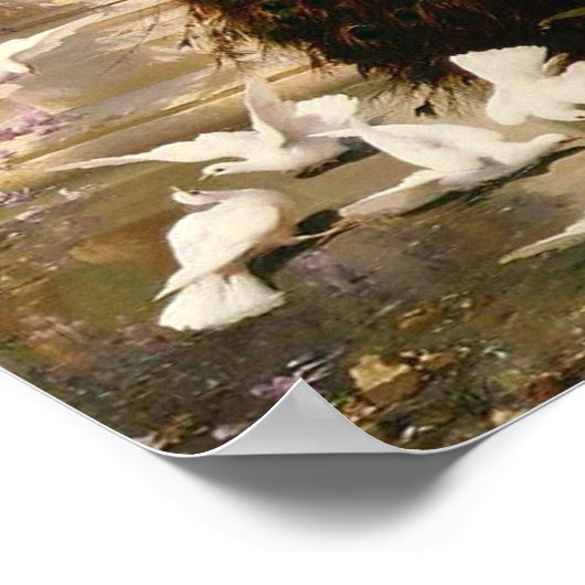 Ein Pfau und Tauben im Garten, Eugene Bidau Poster (Ecke)