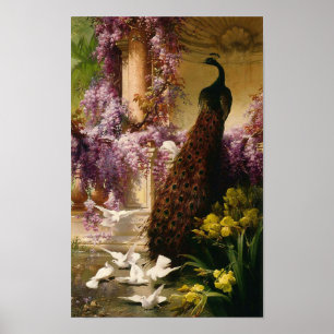 Ein Pfau und Tauben in einem Garten , Eugene Bidau Poster