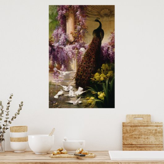 Ein Pfau und Tauben in einem Garten Print Poster (Küche)
