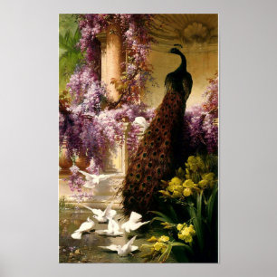 Ein Pfau und Tauben in einem Garten um 1888 Poster