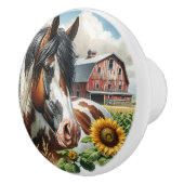 Ein Pferd, rustikale Scheune und Sonnenblumen Keramikknauf (Rechts)
