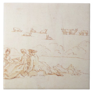 Ein Picknick: Zwei Damen und ein Herr (braune Fliese