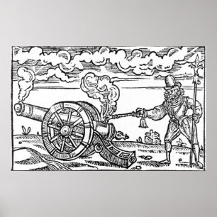 Ein Pikeman, der eine Cannon leuchtet Poster