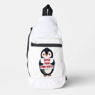 Ein Pinguin hält ein Schild mit anpassbarem Text t Crossbody Bag