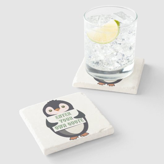 Ein Pinguin hält ein Schild mit anpassbarem Text t Steinuntersetzer (Seitenansicht)