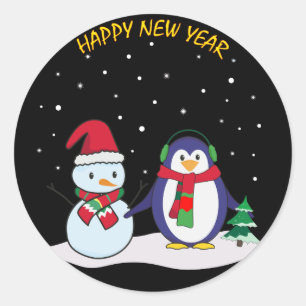 Ein Pinguin und ein Schneemann, guten Rutsch ins Runder Aufkleber