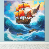 Ein Piratenschiff, das in einer Welle des Wassers  Leinwanddruck (Insitu (Holzboden))