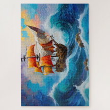 Ein Piratenschiff in einer Wasserwelle