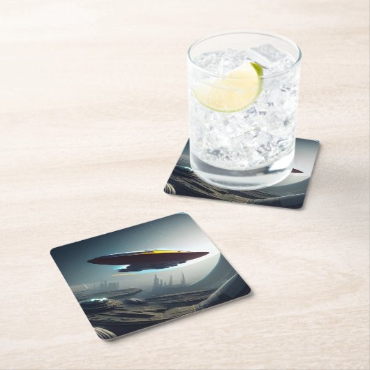 Ein Platz über einer futuristischen Stadt Rechteckiger Pappuntersetzer (Vor Ort)