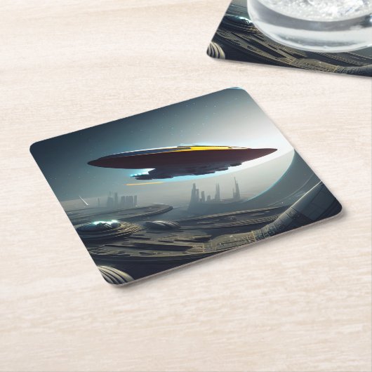 Ein Platz über einer futuristischen Stadt Rechteckiger Pappuntersetzer (angewinkelt)