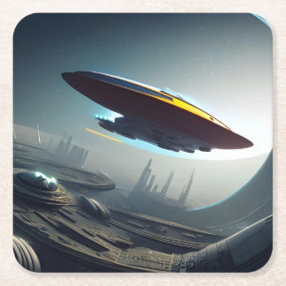 Ein Platz über einer futuristischen Stadt Rechteckiger Pappuntersetzer