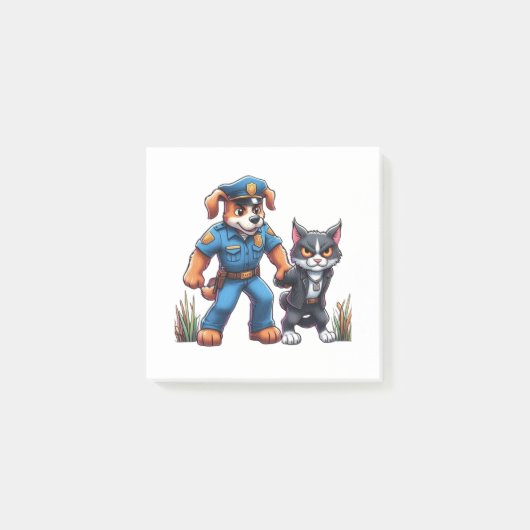 ein Polizeihund und eine gemeine Katze - Spaß Post-it Klebezettel (Vorderseite)