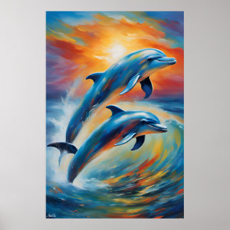 Ein Porträtposter von Delphinen im Ölmalereistil Poster