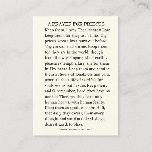 EIN PRAYER FÜR DIE PRIESTEN KATHOLISCHEN RELIGIÖSE PLATZKARTE (Rückseite)