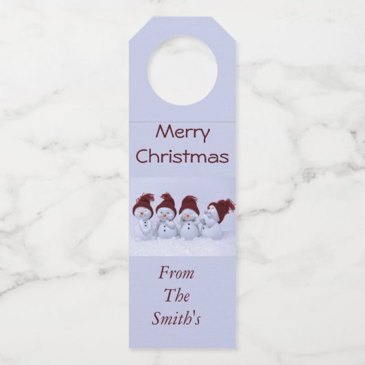 Ein Quartett der Schneemänner Flaschenanhänger (Vorderseite)