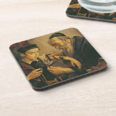 Ein Rabbiner, der die Gebetsriemen am Arm eines Getränkeuntersetzer (Linke Seite)