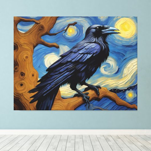 Ein Rabe in einer alten Eichenbaumnacht Leinwanddruck (Insitu (Holzboden))
