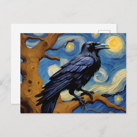 Ein Rabe in einer alten Eichenbaumnacht Postkarte (Vorne/Hinten)